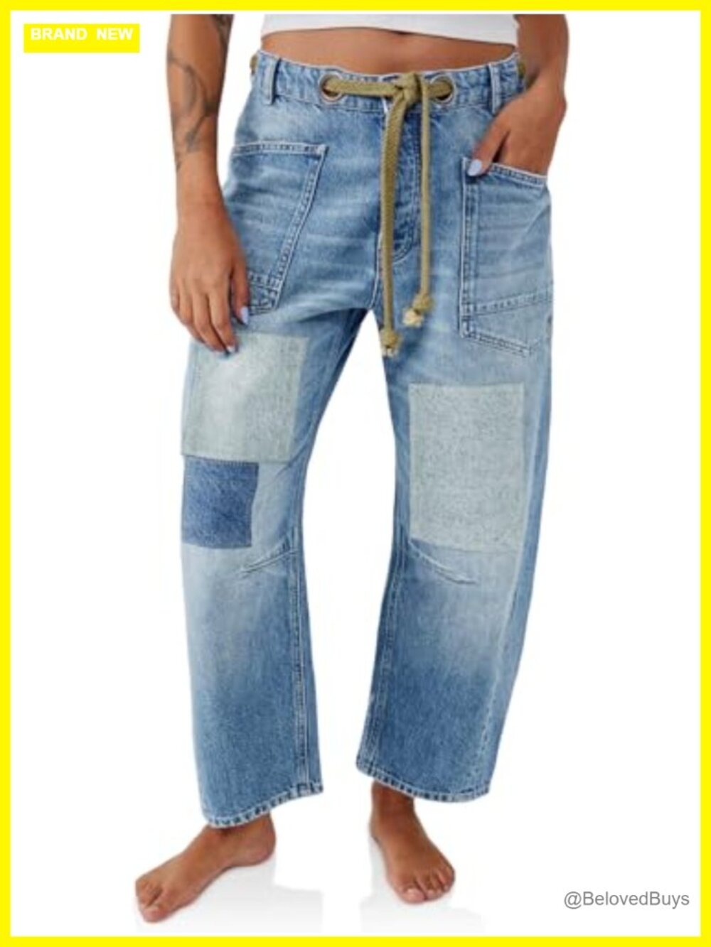 Baggy Barrel Horseshoe Patchwork Low Rise Denim Jeans with Pockets